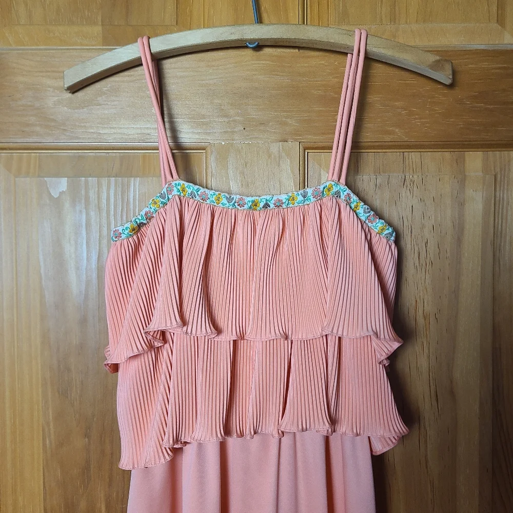 Vintage 70s Peach Pleated Midi Dress Floral Embroidered Trim Boho Prairie - Picture 2 of 16